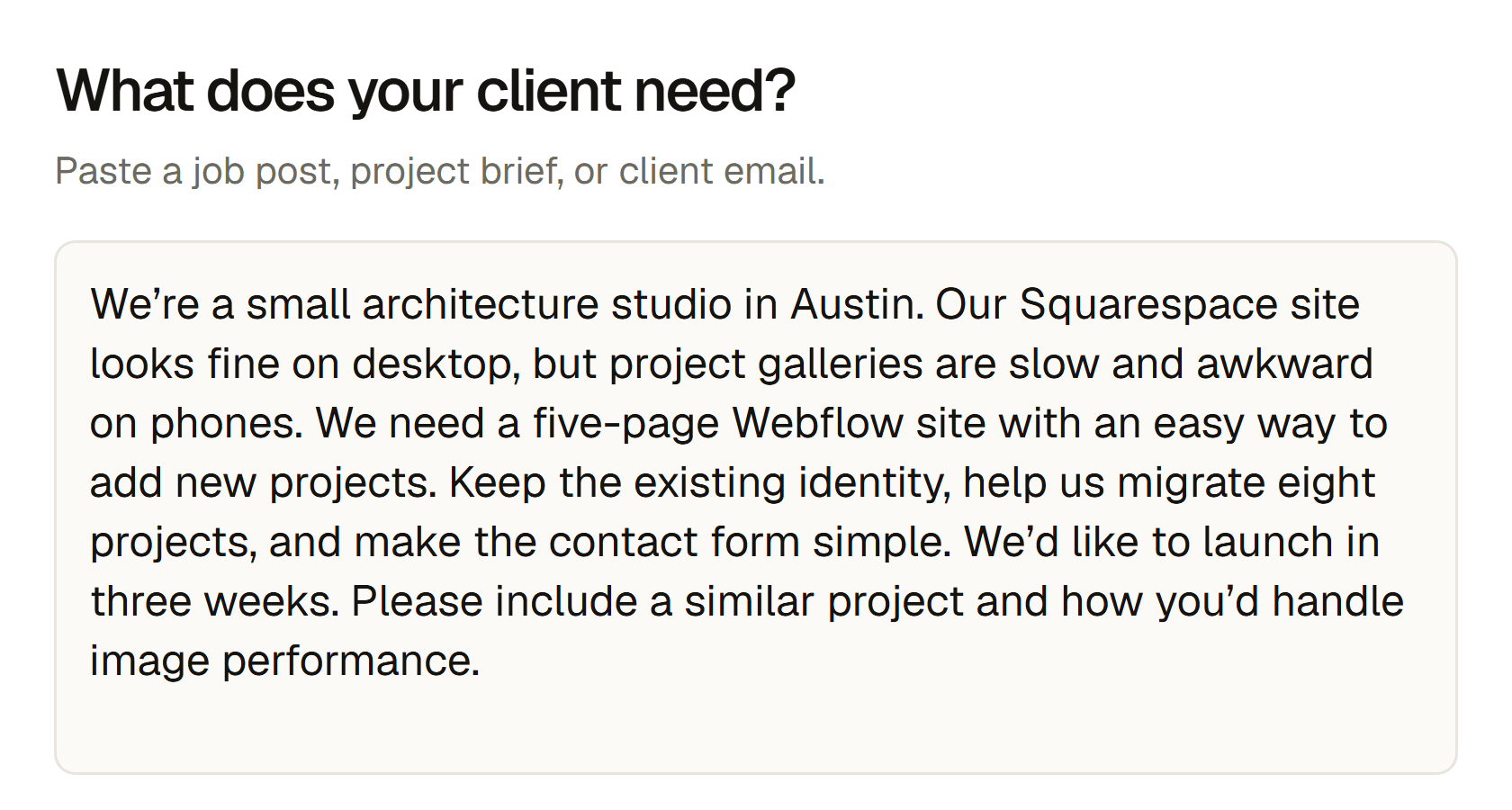 The actual ProposalForge client brief editor